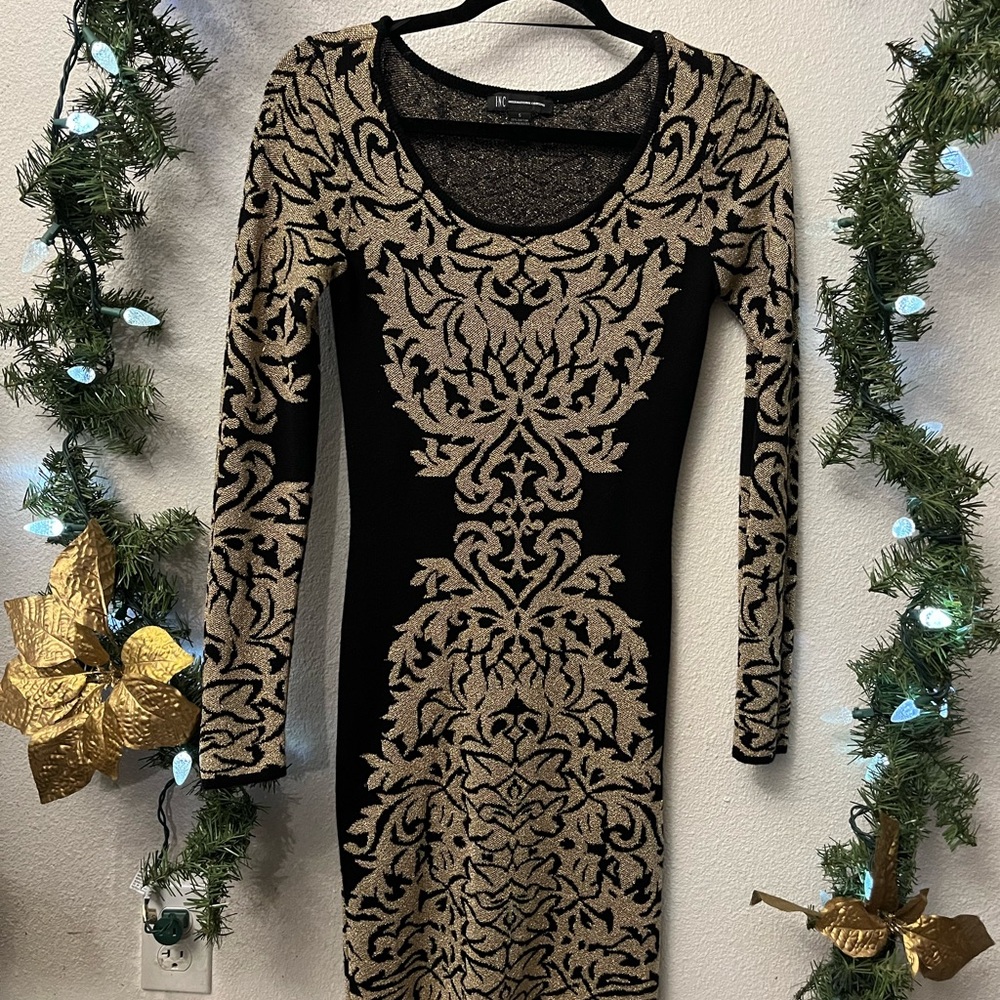 INC International Concepts Black and Gold Long Sleeve Dress